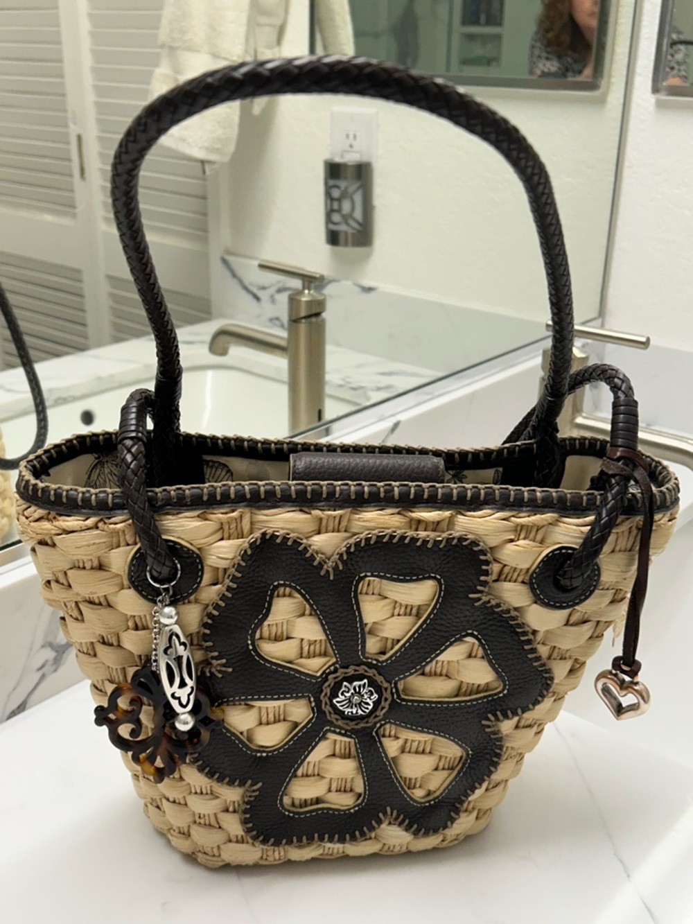 Brighton Natural Straw Tote with Dark Brown Leather Flower Accent